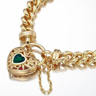 18ct Heavy Yellow Gold Plated Euro Chain Bracelet with a Green Filigree Locket - USA Made-2